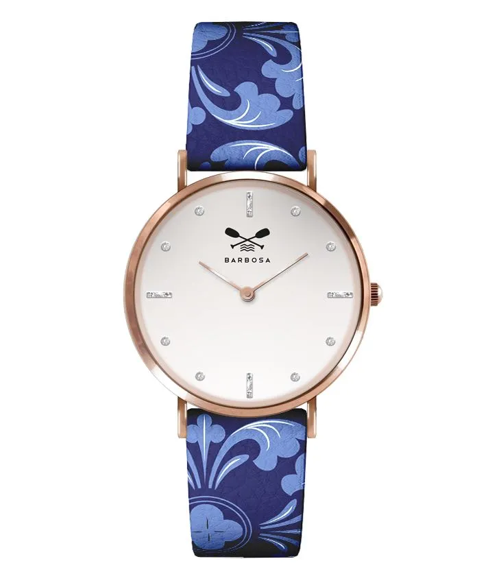 OROLOGIO BIANCO ZIRCONI dm. 36,5 PELLE STAMPA MAIOLICA BLU