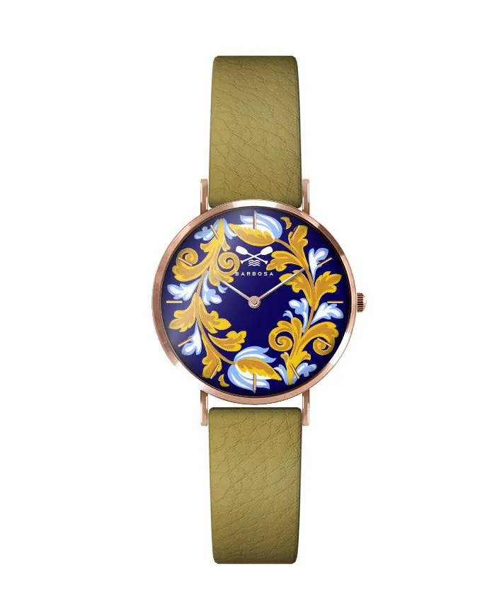 OROLOGIO MAIOLICA BLU dm. 28 PELLE STAMPA OCRA